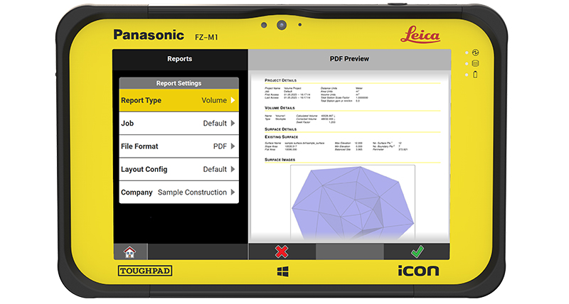 Soluzioni Leica iCON per i lavori di movimento terra che mostrano il report per il calcolo dei volumi e il confronto delle superfici.